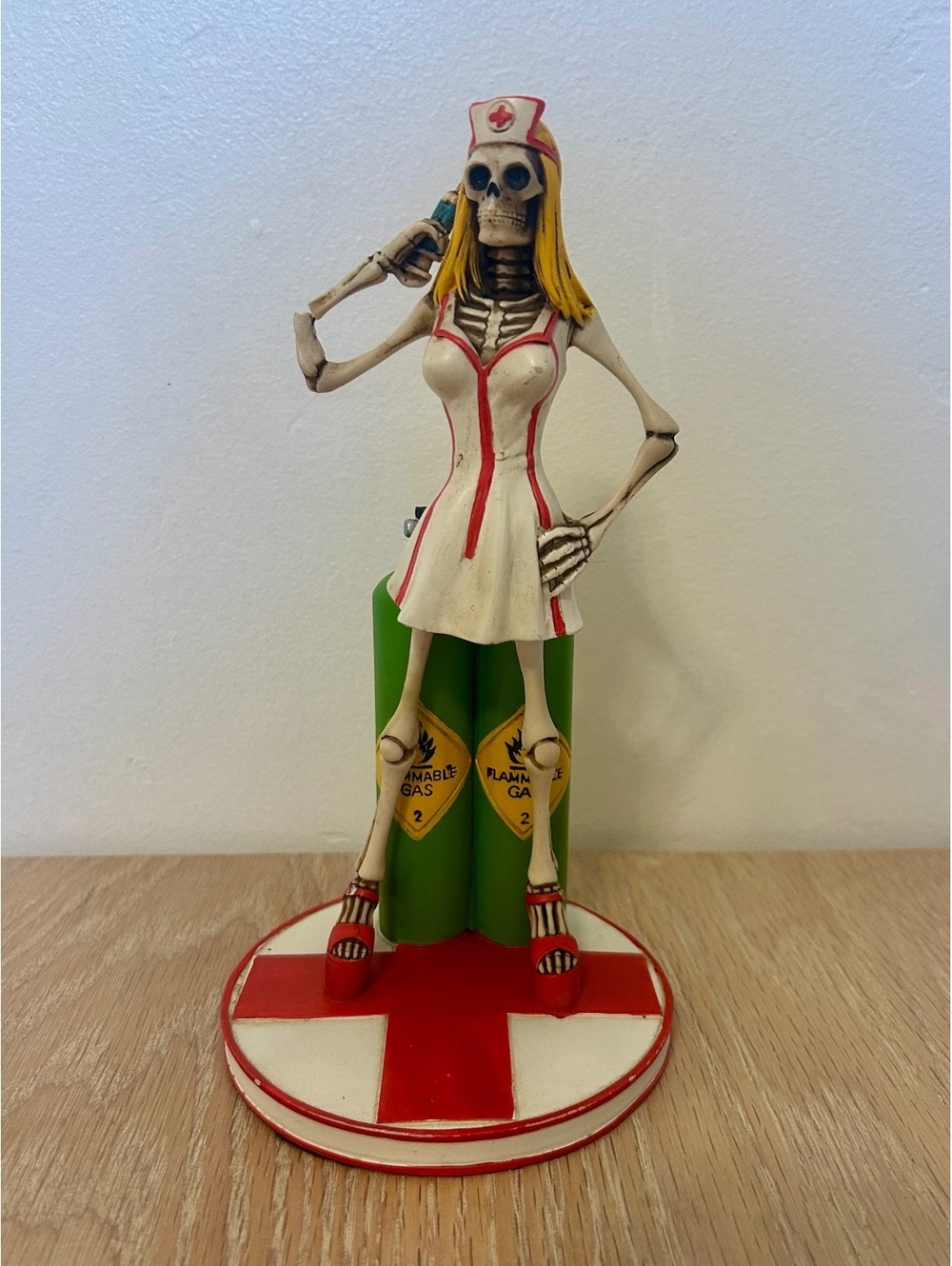 Skeleton Nurse Figurine with Oxygen Tanks on Red Cross Base